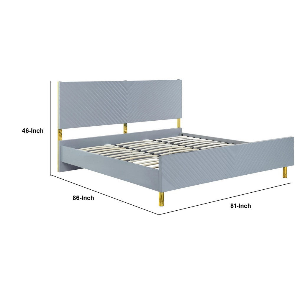 Benjara Tyra Modern King Bed, Panel Headboard, Luxury Textured Chevron, Gray, Gold