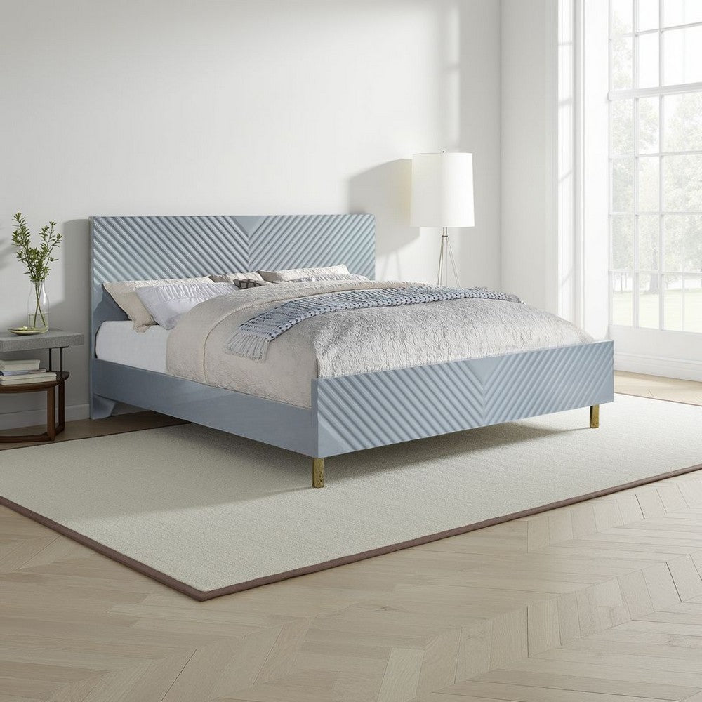 Benjara Tyra Modern King Bed, Panel Headboard, Luxury Textured Chevron, Gray, Gold