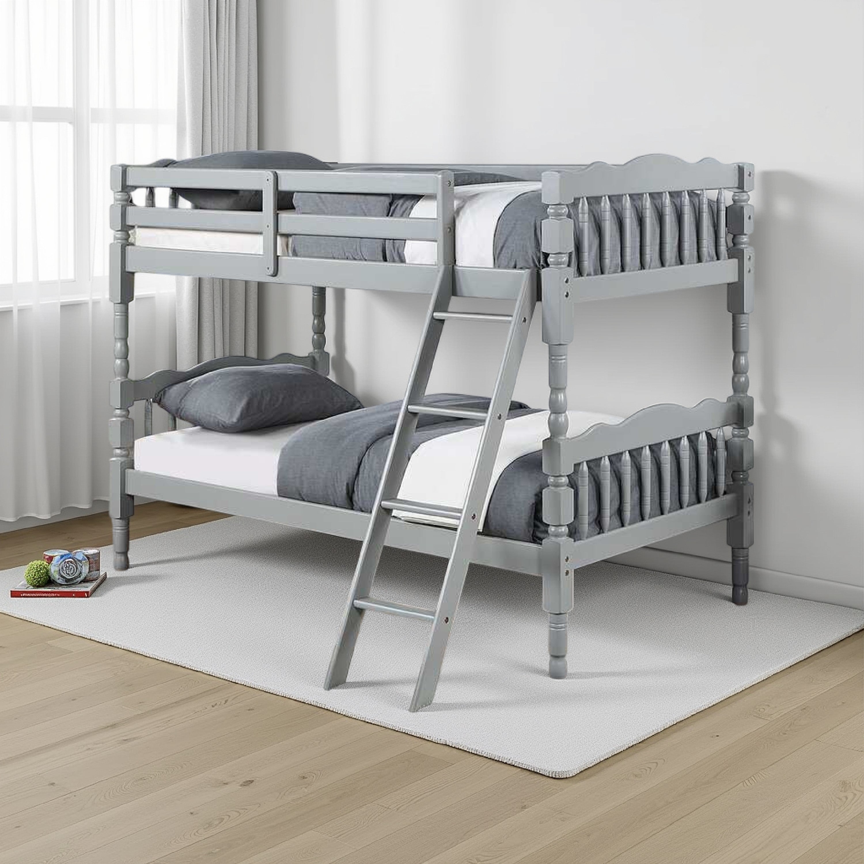 Benjara Alice Classic Twin Bunk Bed with Ladder, Guard Rail, Carved Legs, Gray