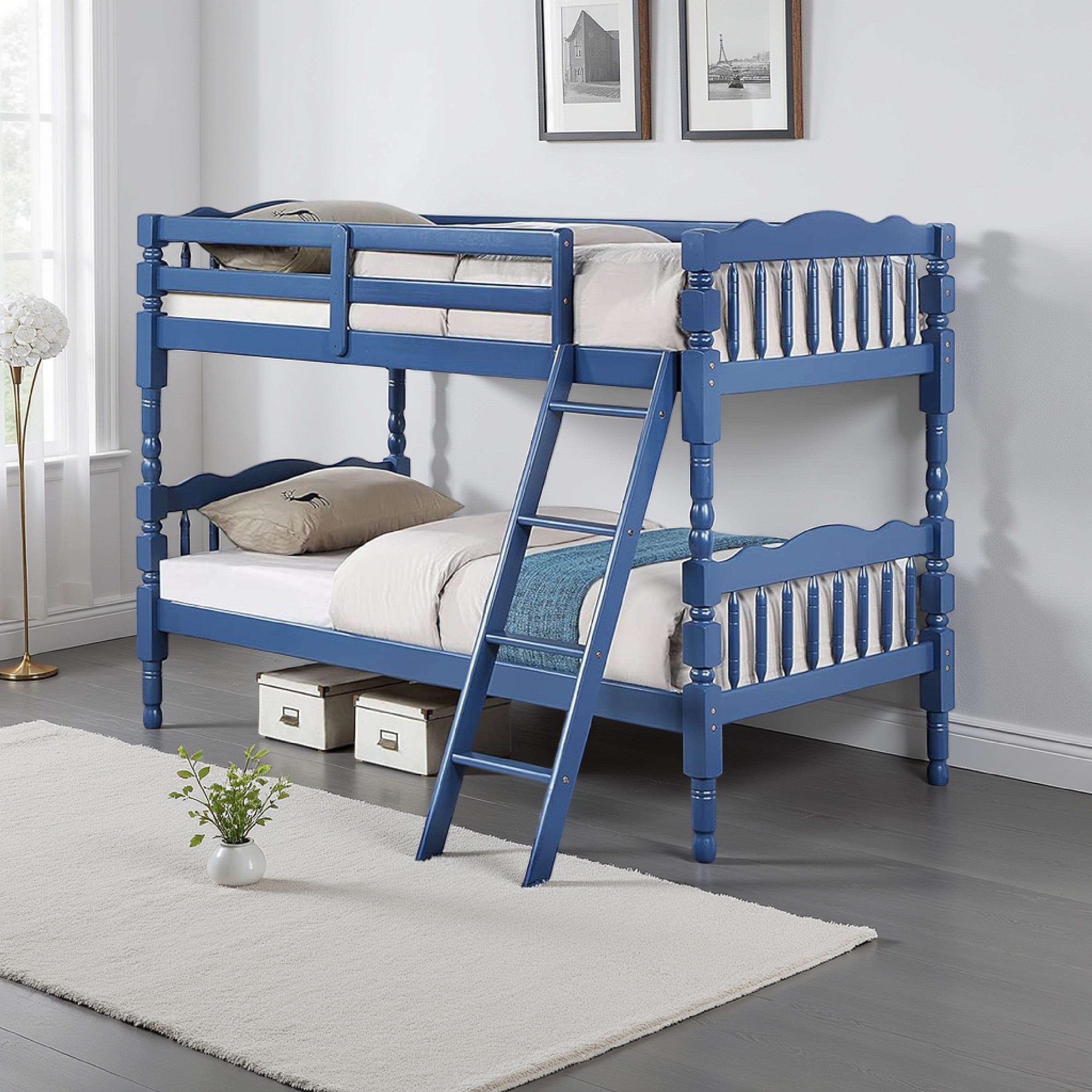 Benjara Alice Classic Twin Bunk Bed with Ladder, Guard Rail, Carved Legs, Blue