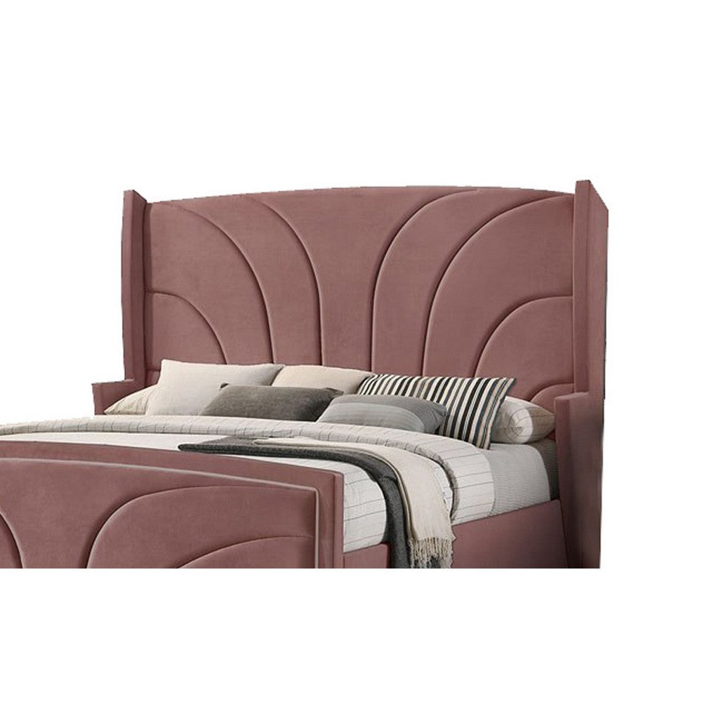 Benjara Kerith Modern Wood King Size Bed, Wingback Frame, Pink Velvet, Chrome Legs