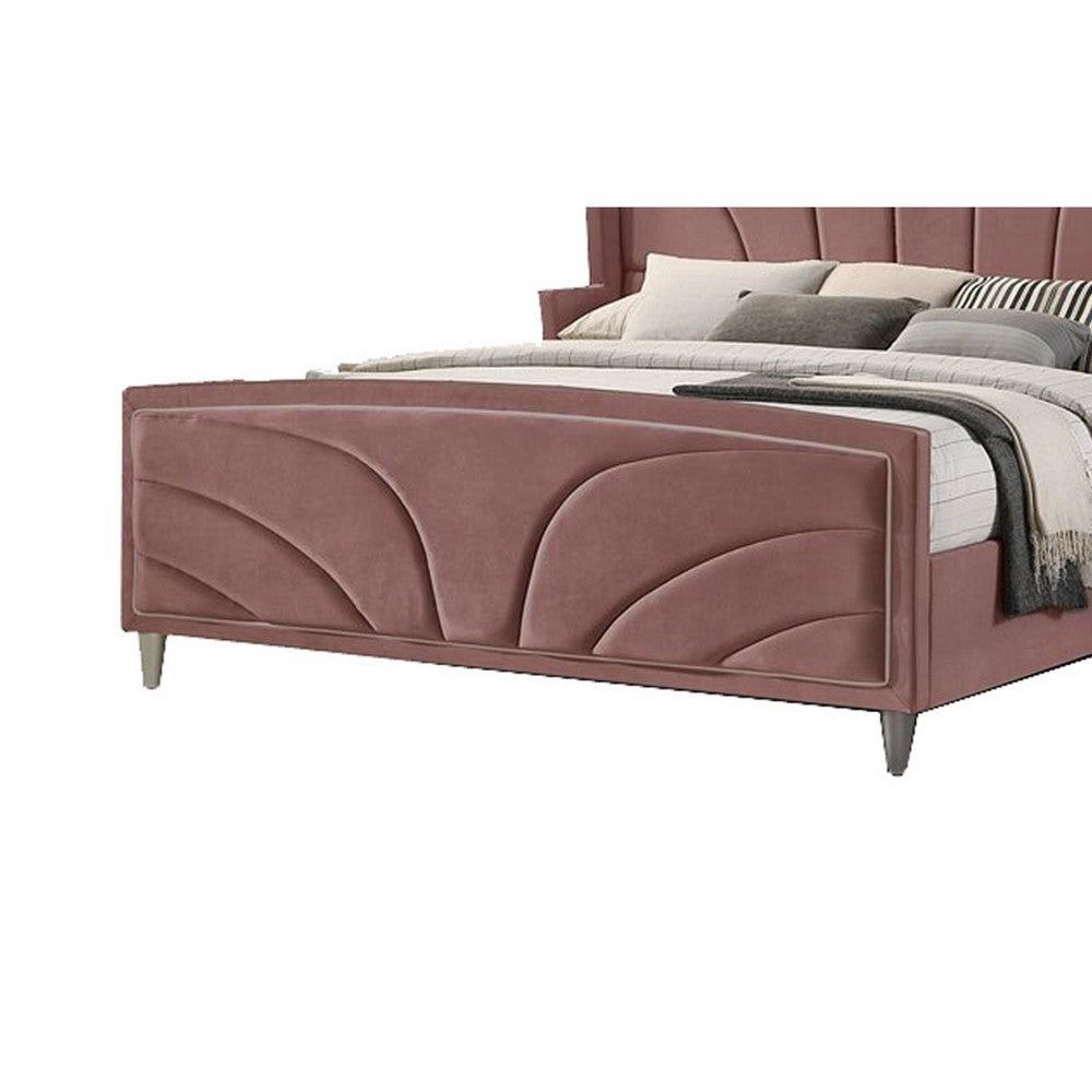 Benjara Kerith Modern Wood King Size Bed, Wingback Frame, Pink Velvet, Chrome Legs