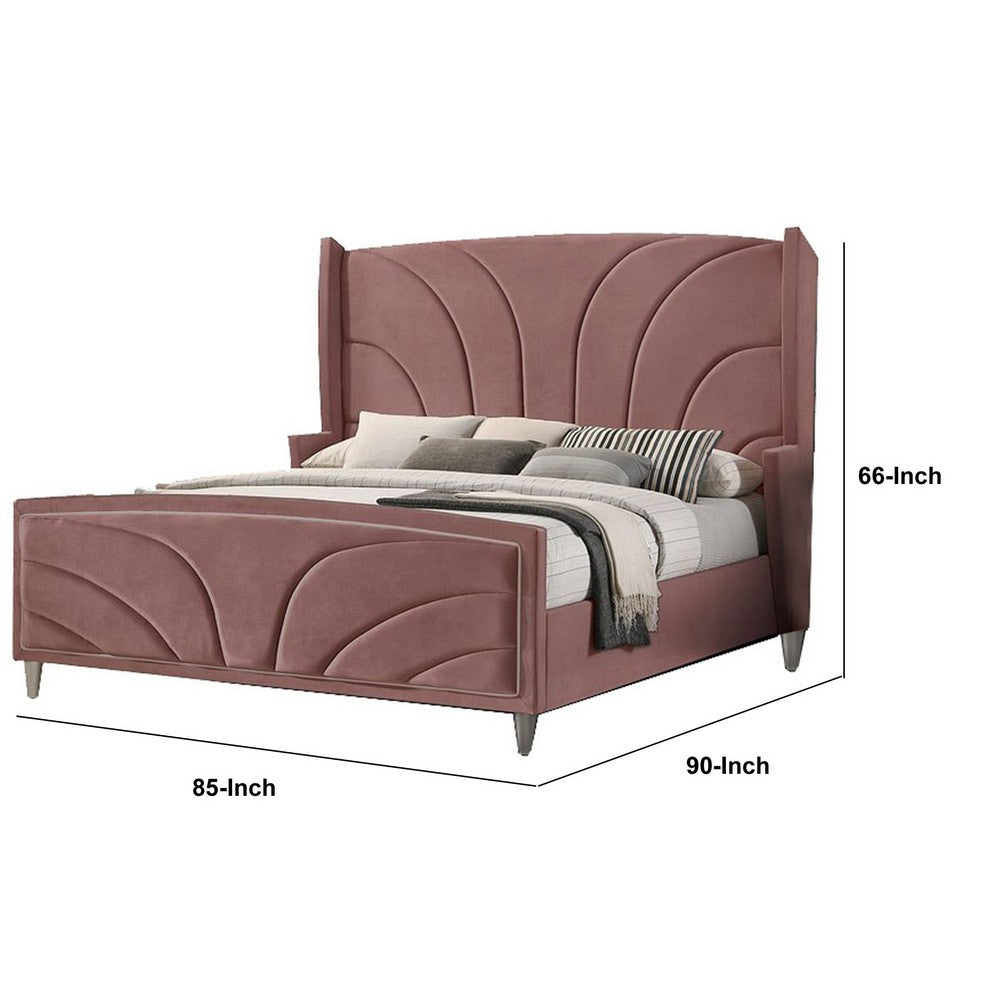Benjara Kerith Modern Wood King Size Bed, Wingback Frame, Pink Velvet, Chrome Legs