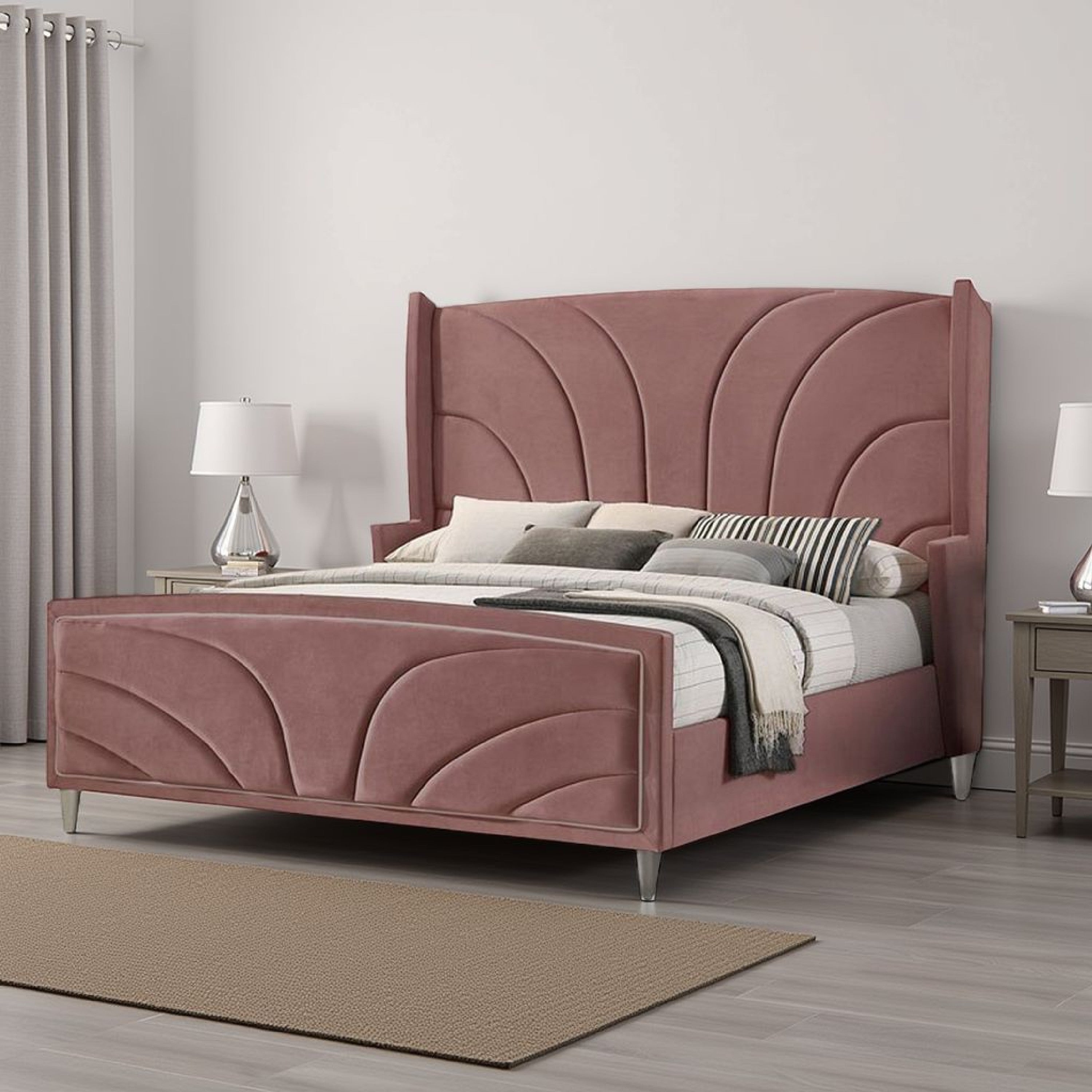 Benjara Kerith Modern Wood King Size Bed, Wingback Frame, Pink Velvet, Chrome Legs