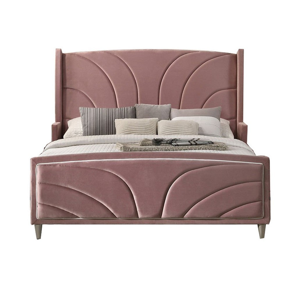 Benjara Kerith Modern Wood Queen Size Bed, Wingback Frame, Pink Velvet, Chrome Legs
