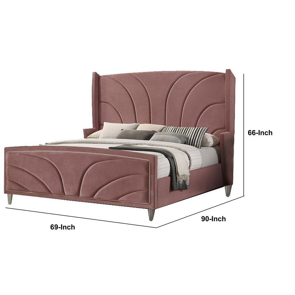 Benjara Kerith Modern Wood Queen Size Bed, Wingback Frame, Pink Velvet, Chrome Legs