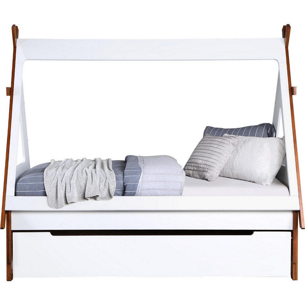 Benjara Teo Wood Twin Bed, House Shaped Bed Frame, Slat System, Brown, White
