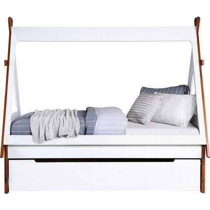 Benjara Teo Wood Twin Bed, House Shaped Bed Frame, Slat System, Brown, White