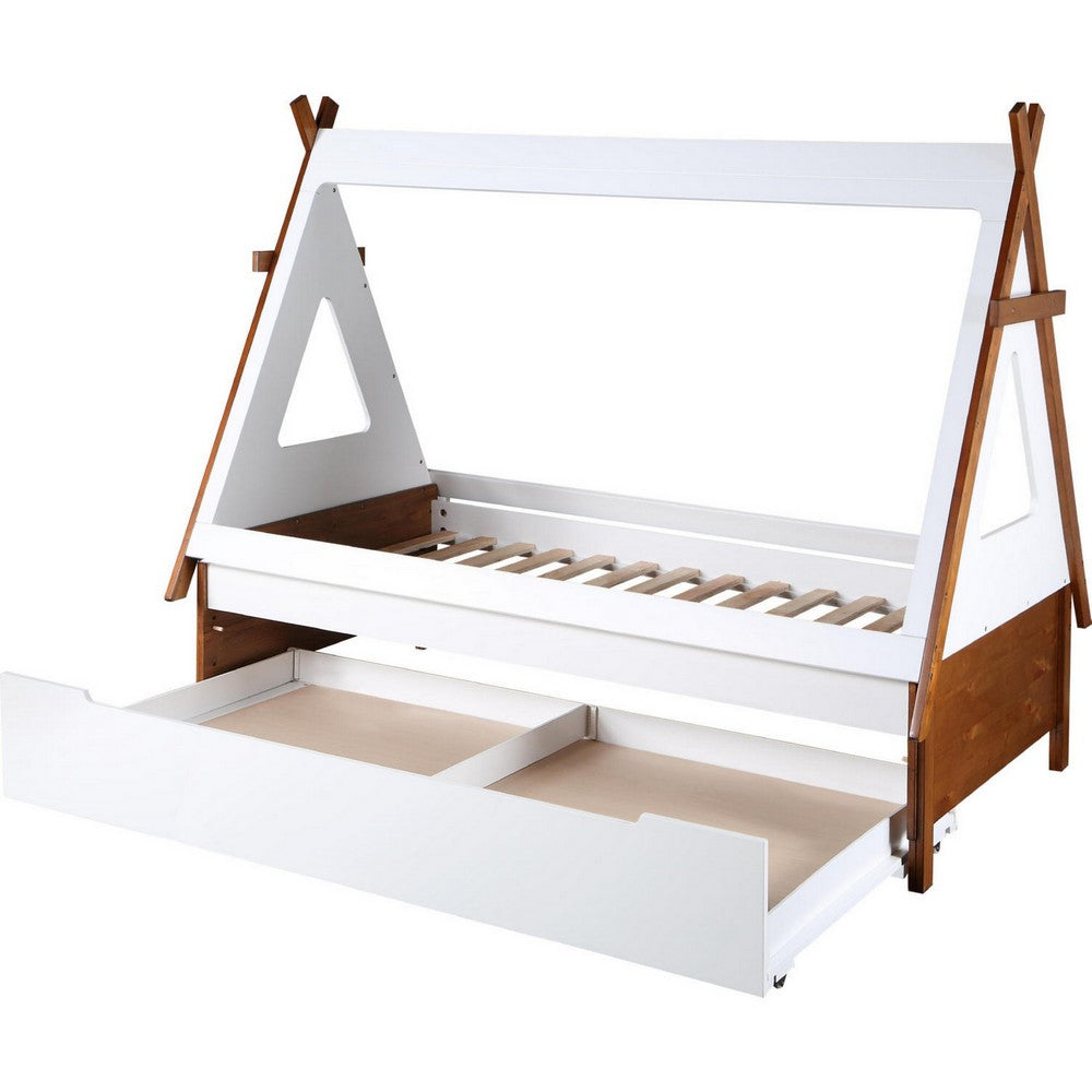 Benjara Teo Wood Twin Bed, House Shaped Bed Frame, Slat System, Brown, White