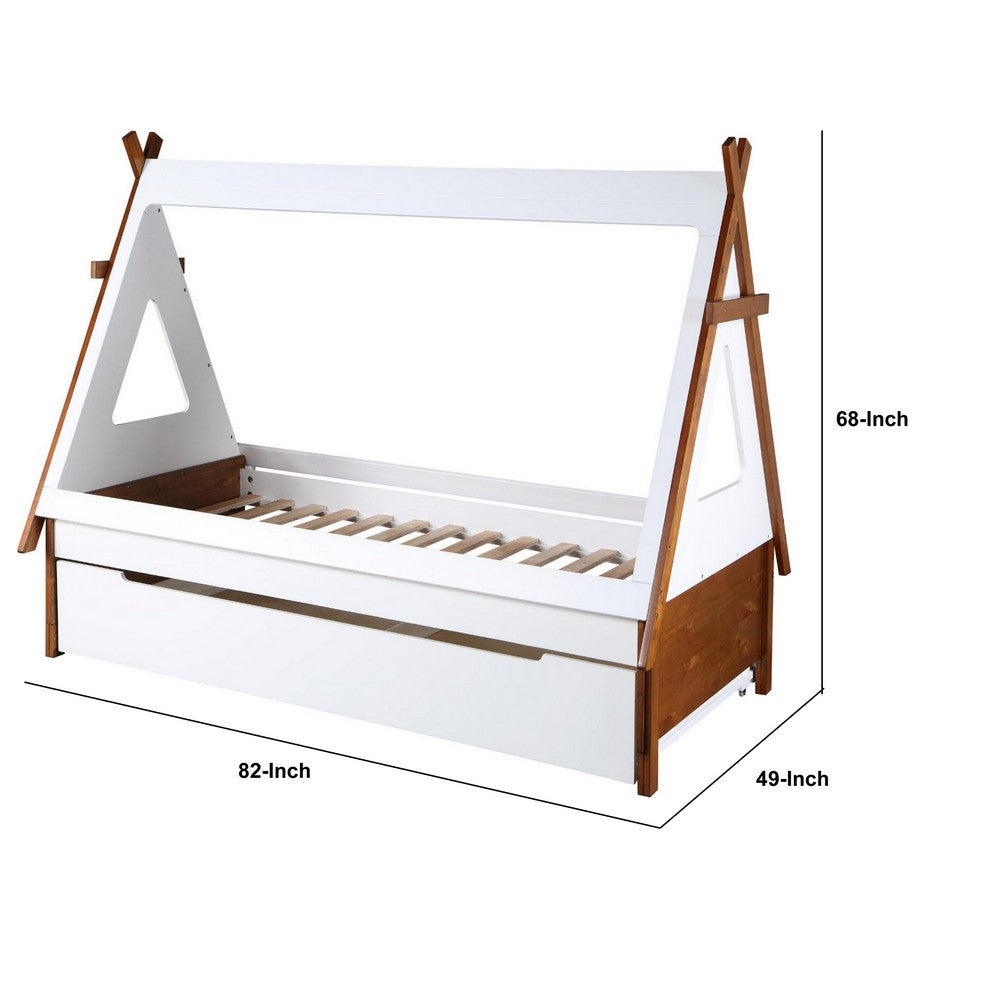 Benjara Teo Wood Twin Bed, House Shaped Bed Frame, Slat System, Brown, White