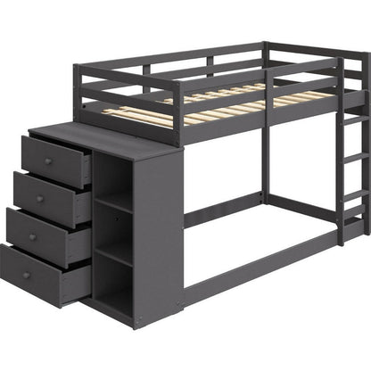 Benjara Classic Twin Bunk Bed with Cabinet, 4 Drawers, 3 Compartments, Ladder, Gray