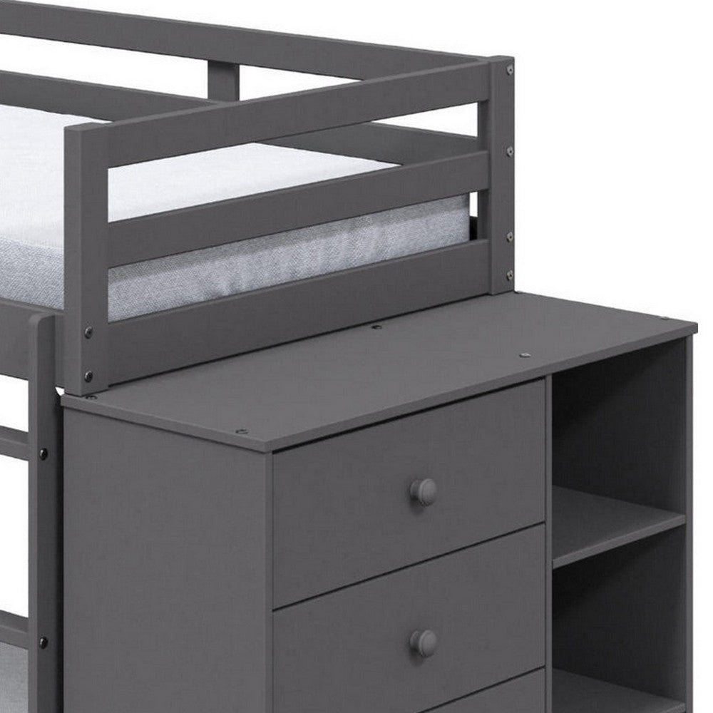 Benjara Classic Twin Bunk Bed with Cabinet, 4 Drawers, 3 Compartments, Ladder, Gray
