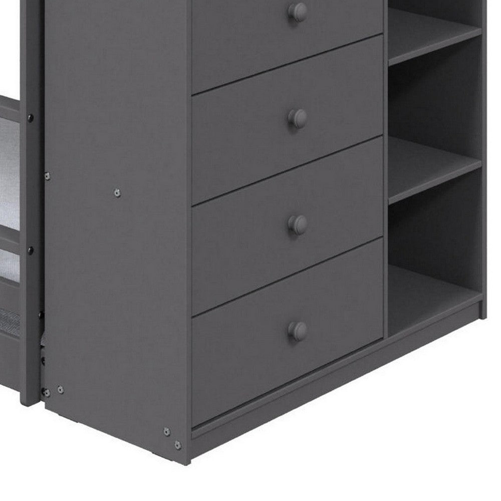 Benjara Classic Twin Bunk Bed with Cabinet, 4 Drawers, 3 Compartments, Ladder, Gray
