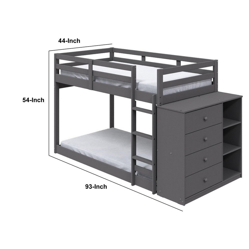 Benjara Classic Twin Bunk Bed with Cabinet, 4 Drawers, 3 Compartments, Ladder, Gray