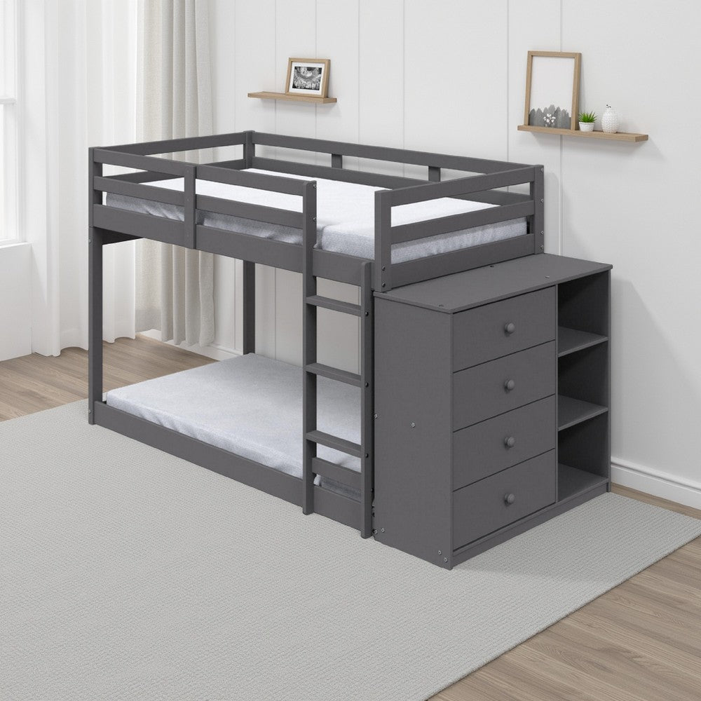 Benjara Classic Twin Bunk Bed with Cabinet, 4 Drawers, 3 Compartments, Ladder, Gray