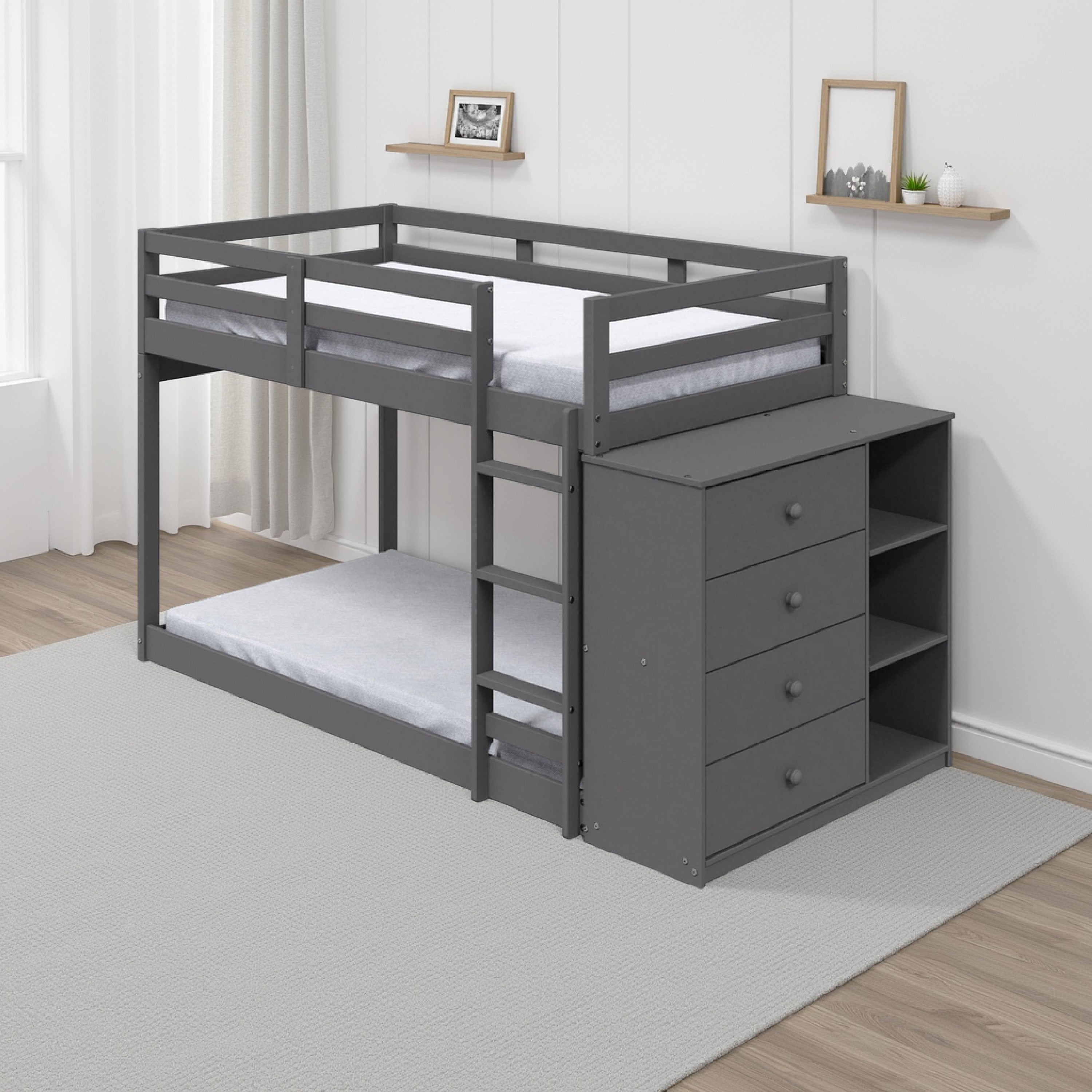 Benjara Classic Twin Bunk Bed with Cabinet, 4 Drawers, 3 Compartments, Ladder, Gray