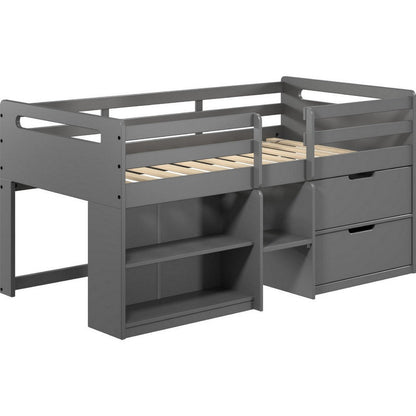 Benjara Classic Wood Twin Loft Bed with Storage, 3 Drawers, 2 Compartments, Gray