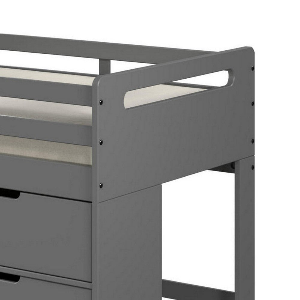 Benjara Classic Wood Twin Loft Bed with Storage, 3 Drawers, 2 Compartments, Gray