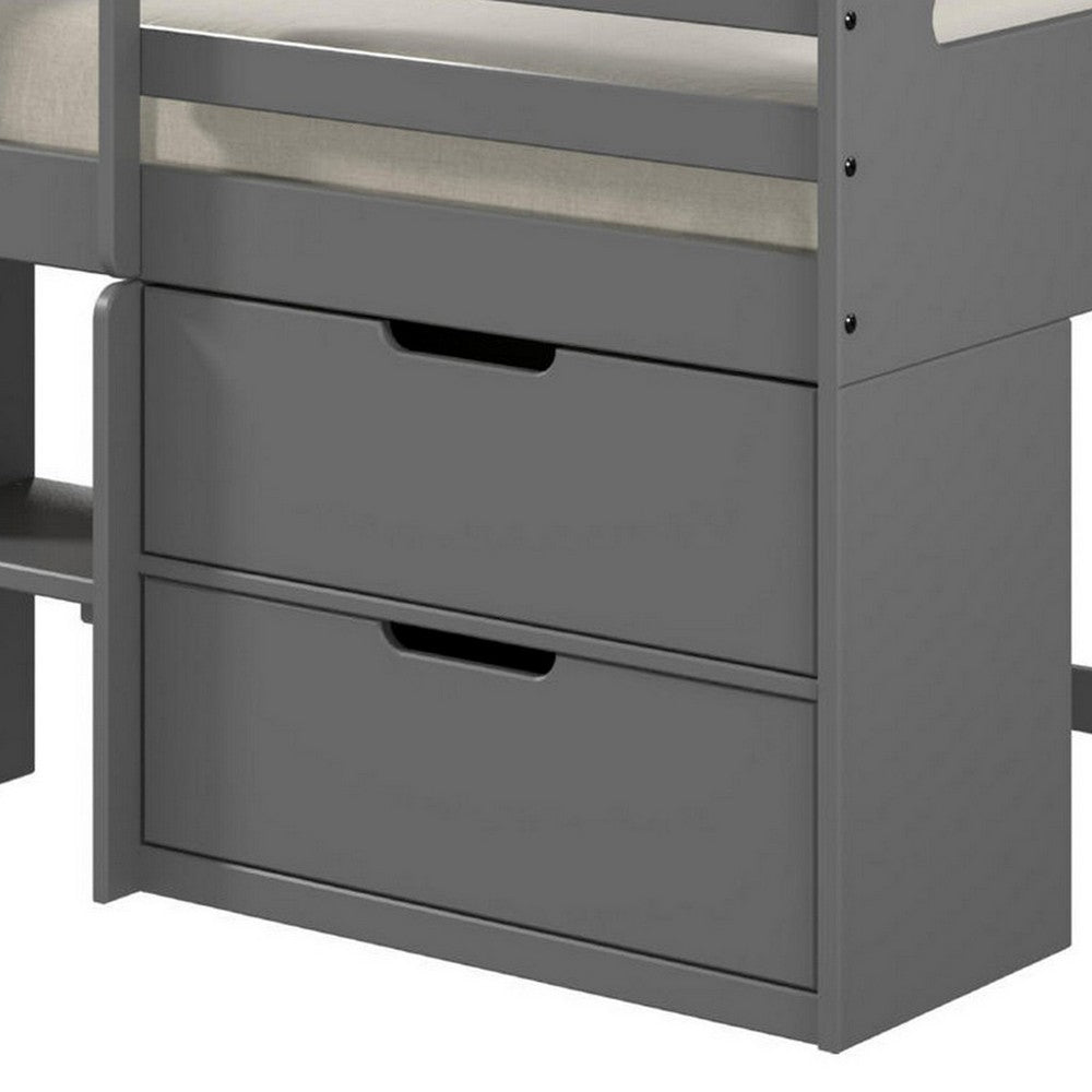 Benjara Classic Wood Twin Loft Bed with Storage, 3 Drawers, 2 Compartments, Gray