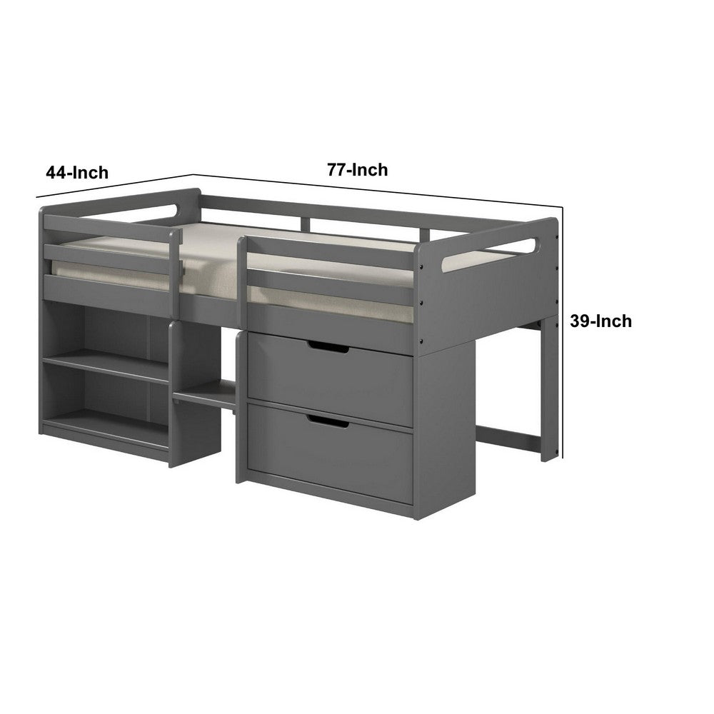 Benjara Classic Wood Twin Loft Bed with Storage, 3 Drawers, 2 Compartments, Gray
