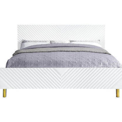 Benjara Tyra Modern Wood King Bed, Panel Headboard, Textured Chevron, White, Gold