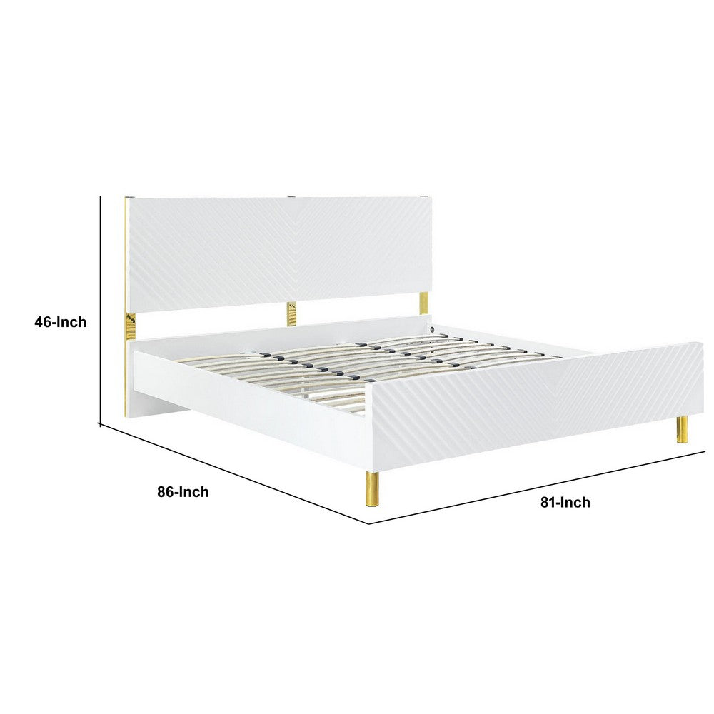 Benjara Tyra Modern Wood King Bed, Panel Headboard, Textured Chevron, White, Gold