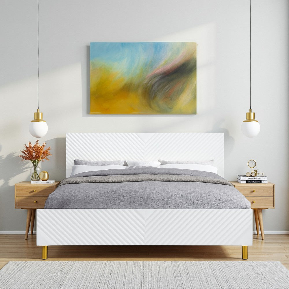 Benjara Tyra Modern Wood King Bed, Panel Headboard, Textured Chevron, White, Gold