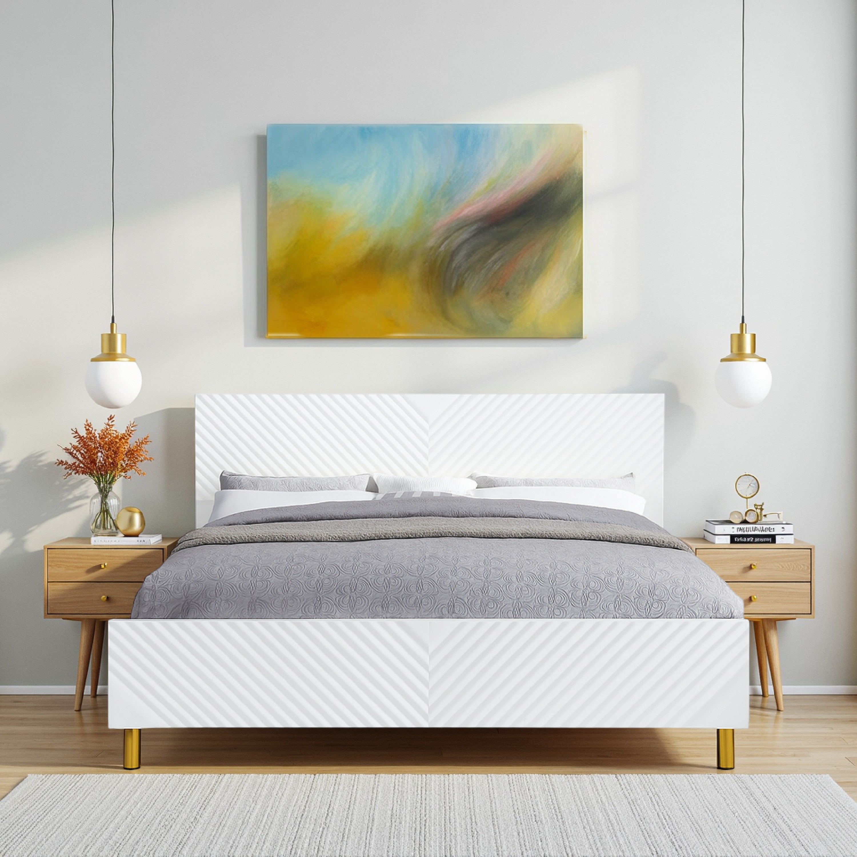 Benjara Tyra Modern Wood King Bed, Panel Headboard, Textured Chevron, White, Gold