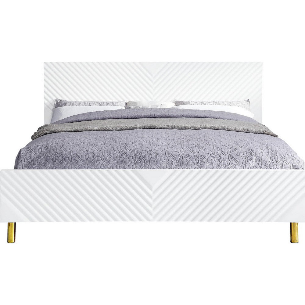 Benjara Tyra Modern Queen Bed, Panel Headboard, Luxury Textured Chevron, White Gold