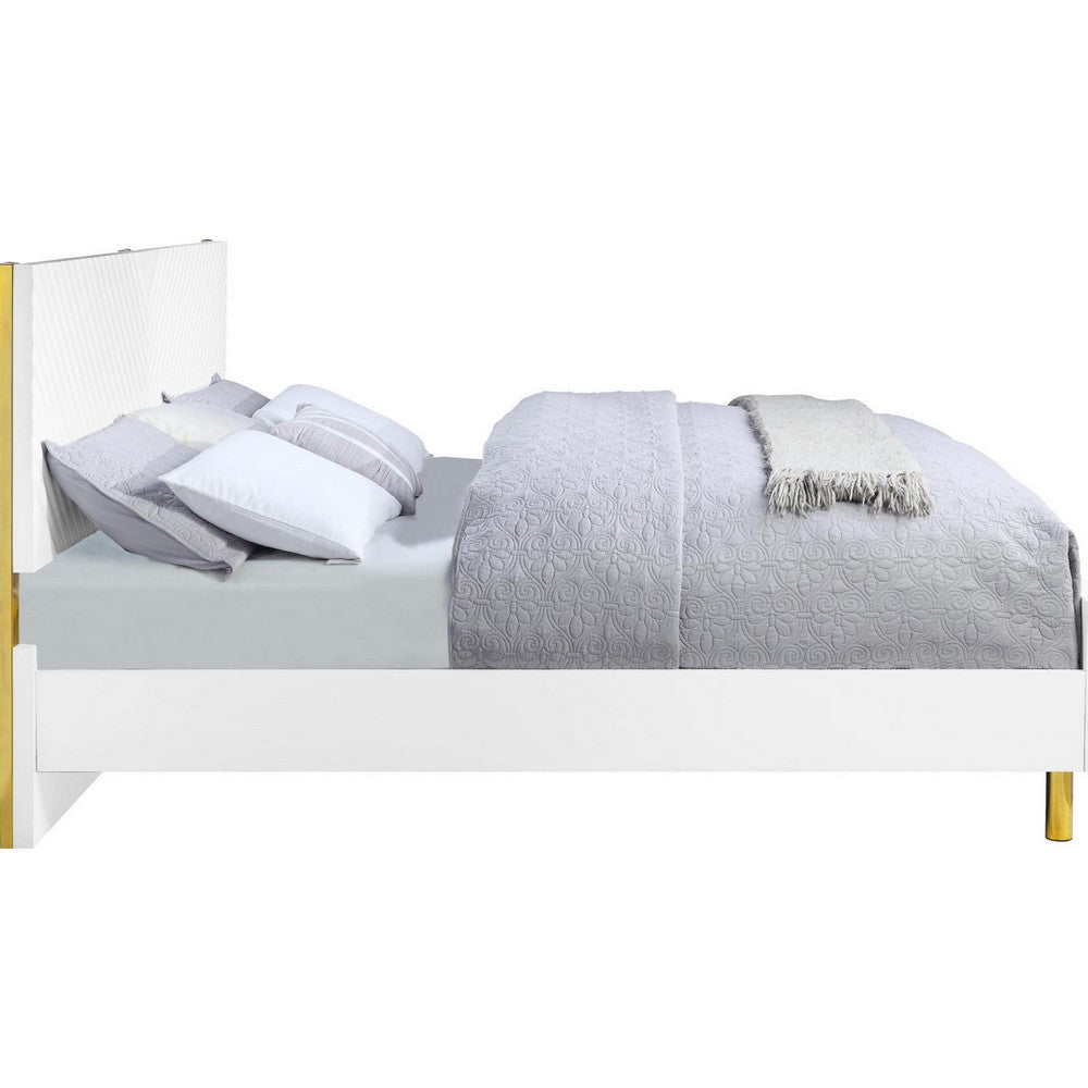 Benjara Tyra Modern Queen Bed, Panel Headboard, Luxury Textured Chevron, White Gold