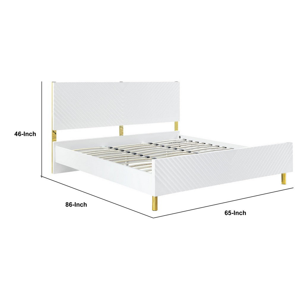 Benjara Tyra Modern Queen Bed, Panel Headboard, Luxury Textured Chevron, White Gold