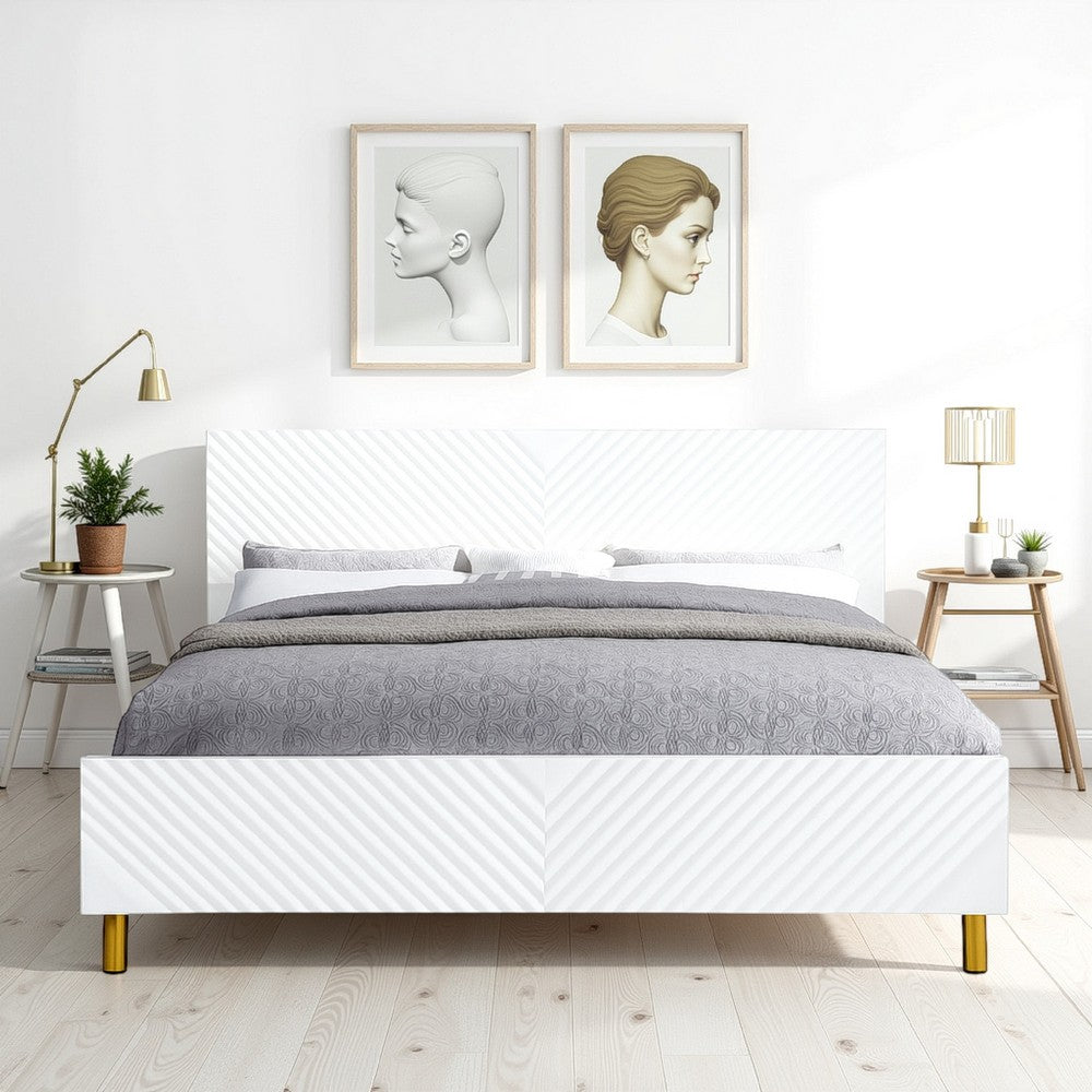 Benjara Tyra Modern Queen Bed, Panel Headboard, Luxury Textured Chevron, White Gold