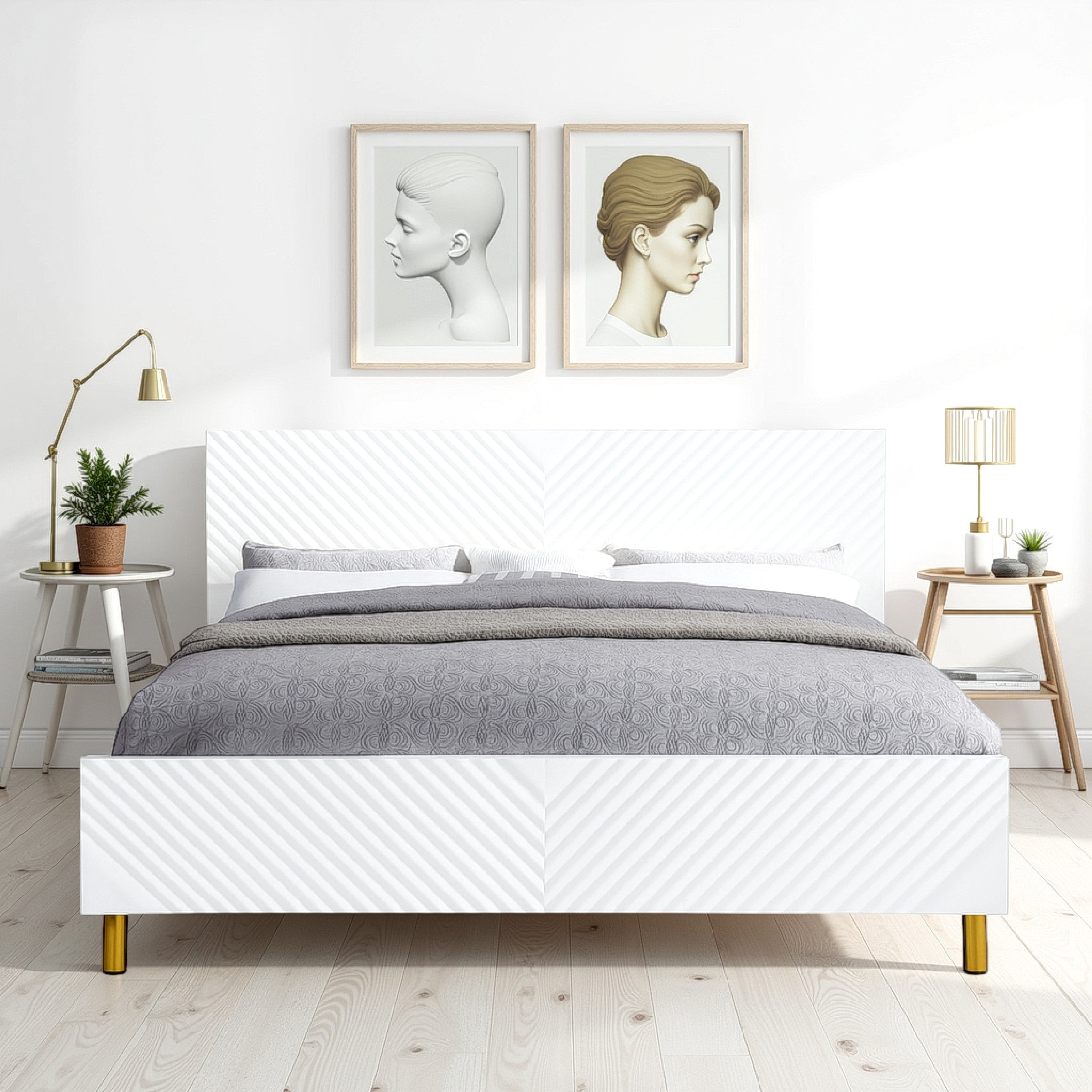 Benjara Tyra Modern Queen Bed, Panel Headboard, Luxury Textured Chevron, White Gold