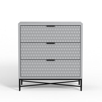 Benjara Rexi 34 Inch 3 Drawer Small Dresser Chest, Honeycomb, Light Gray, Black