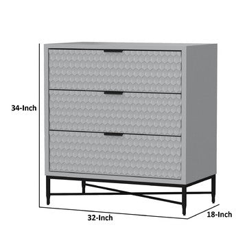 Benjara Rexi 34 Inch 3 Drawer Small Dresser Chest, Honeycomb, Light Gray, Black