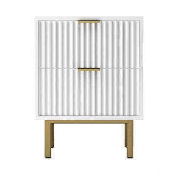 Benjara Beth 27 Inch 2 Drawer Nightstand, Corrugated, Mahogany Wood, White, Gold