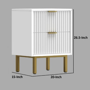 Benjara Beth 27 Inch 2 Drawer Nightstand, Corrugated, Mahogany Wood, White, Gold