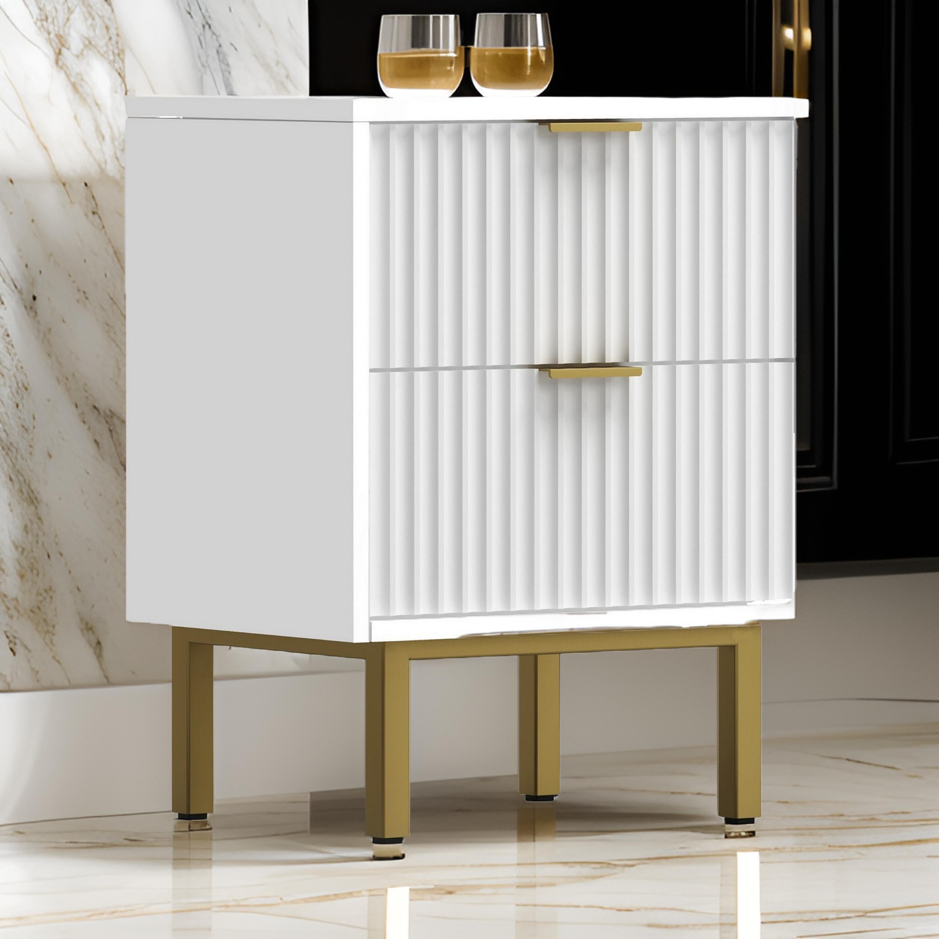 Benjara Beth 27 Inch 2 Drawer Nightstand, Corrugated, Mahogany Wood, White, Gold