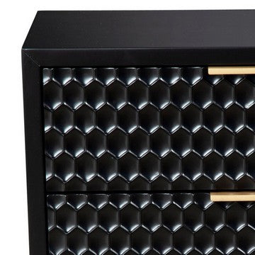 Benjara Rexi 26 Inch 2 Drawer Nightstand, Honeycomb, Mahogany Wood, Black, Gold