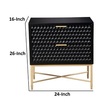 Benjara Rexi 26 Inch 2 Drawer Nightstand, Honeycomb, Mahogany Wood, Black, Gold