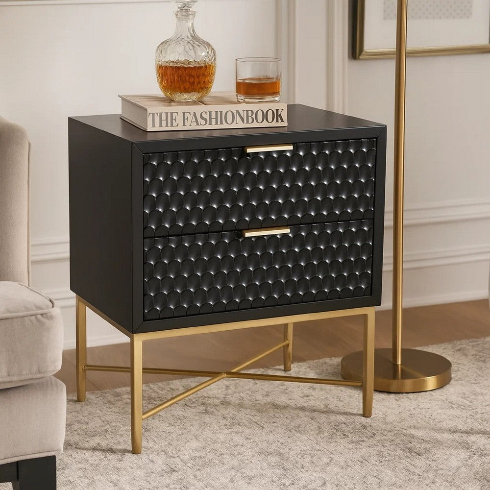 Benjara Rexi 26 Inch 2 Drawer Nightstand, Honeycomb, Mahogany Wood, Black, Gold