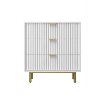 Benjara Beth 34 Inch 3 Drawer Small Dresser Chest, Mahogany Wood, White, Gold