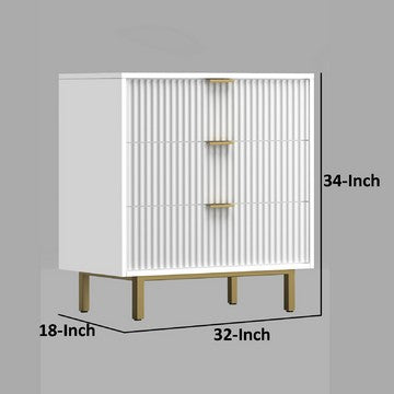Benjara Beth 34 Inch 3 Drawer Small Dresser Chest, Mahogany Wood, White, Gold
