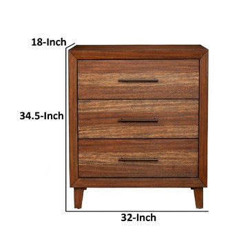 Benjara Paul 35 Inch Small Dresser Chest, 3 Drawers, Metal Bar Handles, Warm Brown