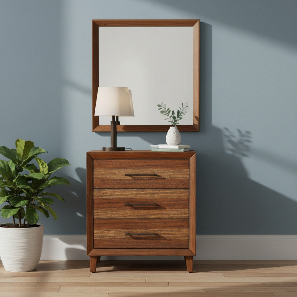 Benjara Paul 35 Inch Small Dresser Chest, 3 Drawers, Metal Bar Handles, Warm Brown