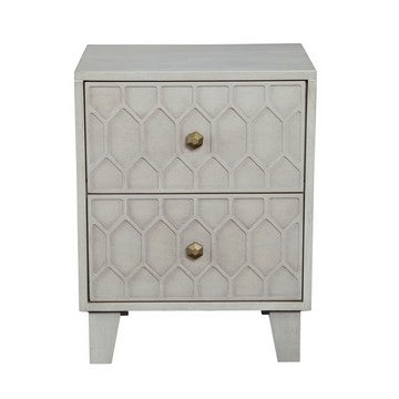 Benjara Rue 26 Inch 2 Drawer Nightstand, Textured Honeycomb Design, Light Gray
