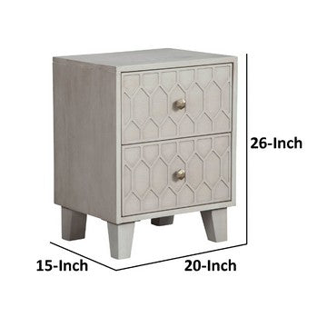 Benjara Rue 26 Inch 2 Drawer Nightstand, Textured Honeycomb Design, Light Gray