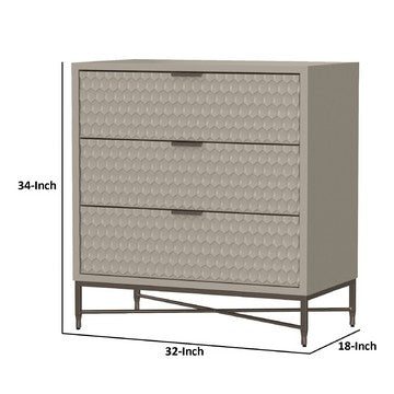 Benjara Rexi 34 Inch 3 Drawer Small Dresser Chest, Honeycomb Texture, Taupe Gray