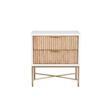 Benjara Eli 26 Inch 2 Drawer Nightstand, Corrugated Panels, Gold Metal Frame, White