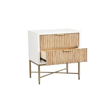 Benjara Eli 26 Inch 2 Drawer Nightstand, Corrugated Panels, Gold Metal Frame, White